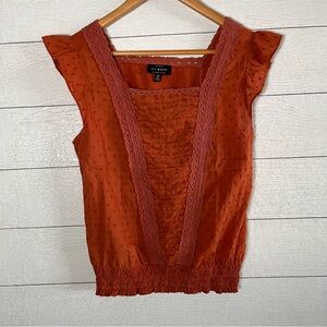 Lucky Brand Cotton Women’s Pintuck Short Sleeve Square Neck Orange Blouse Size S
